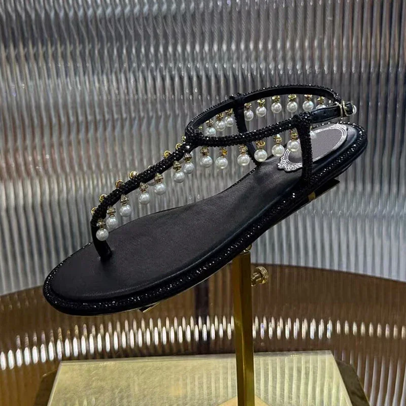 الصنادل سلسلة حبة حجر الراين ديكور الكاحل حزام Sandalias الصيف المرأة قرصة تو الجلد الحقيقي شقة القاع عطلة الأحذية