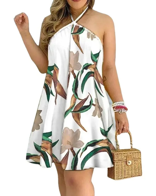 2024 New Summer Printed Off-Shoulder Halter Tie Loose Fashionable Women\'s Dress Women\'s Suit