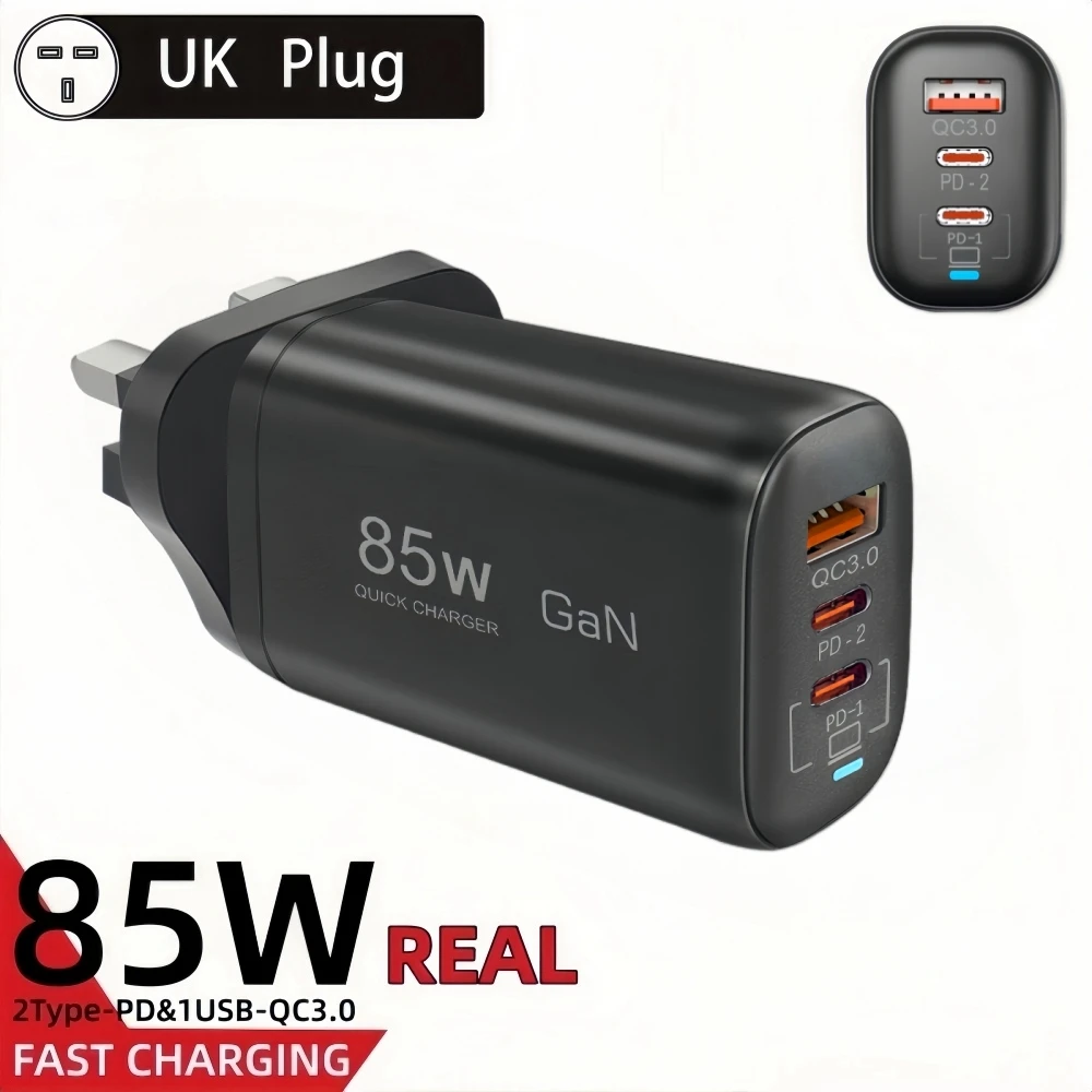

85W UK Plug GaN Type C Charger USB QC3.0 For Laptop Ipad PPS PD 65W Fast Charge For Samsung Xiaomi iPhone 16Pro Max mobile Phone