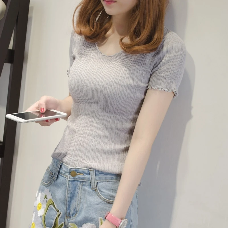 

Summer Thin Solid Color Basic T-shirt Fashion Edible Tree Fungus Women's Clothing Slim Commute Short Sleeve Knitted Pullovers