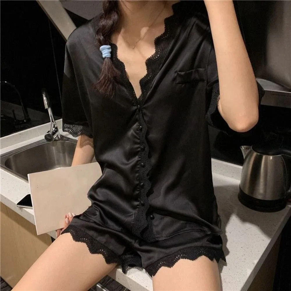

Homewear Ice Silk Lace Pajama Suit Short-sleeve V Neck Sweet Short Pajamas Women Sleepwear Loose Two Pieces Sleepwear Sets Gifts
