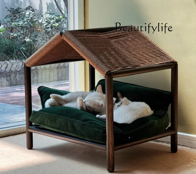 Pet wooden house cat nest Solid wood to keep warm in autumn and winter Universal off the ground rattan weaving Comfortable