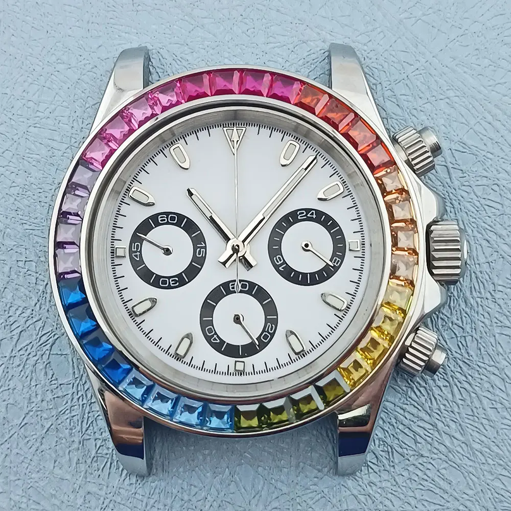 39.5mm Color Ring watch case 316L stainless steel sapphire Glass 10bar fit VK series 63 movement waterproof Panda watch dial