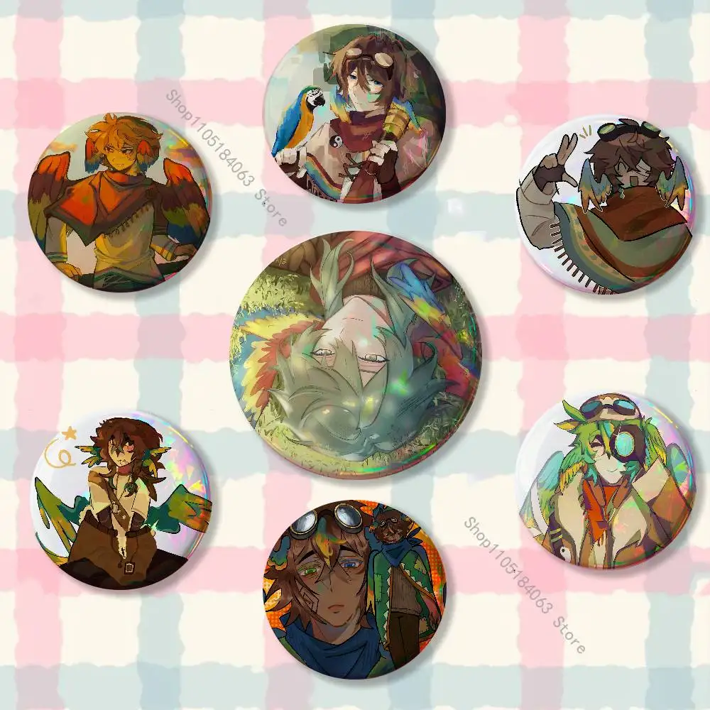 

P-Parrotx2 Reflective Pin Tinplate Round Brooch Cartoon Cosplay Badges for Bag Hat Toys Gifts