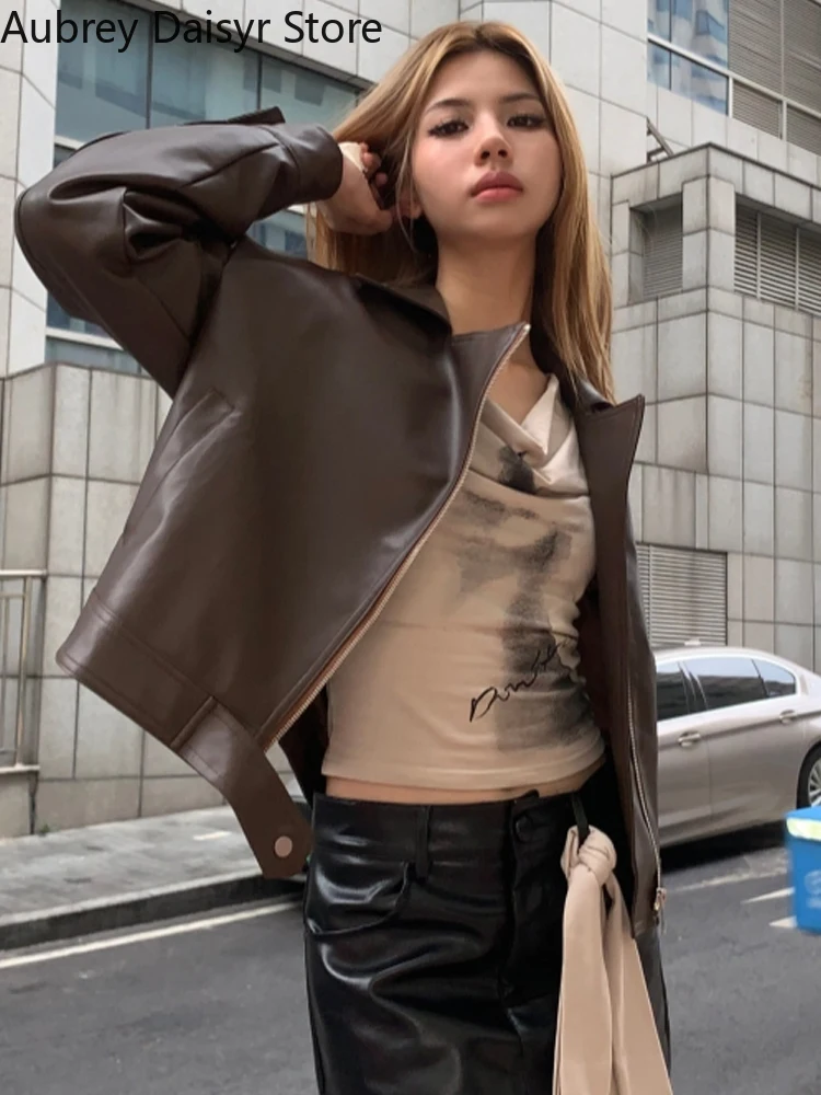 Streetwear Brown Leather Jacket Women High Street Irregular Biker Zipper Leather Jacket Winter Warm Fashion Faux Leather Coat