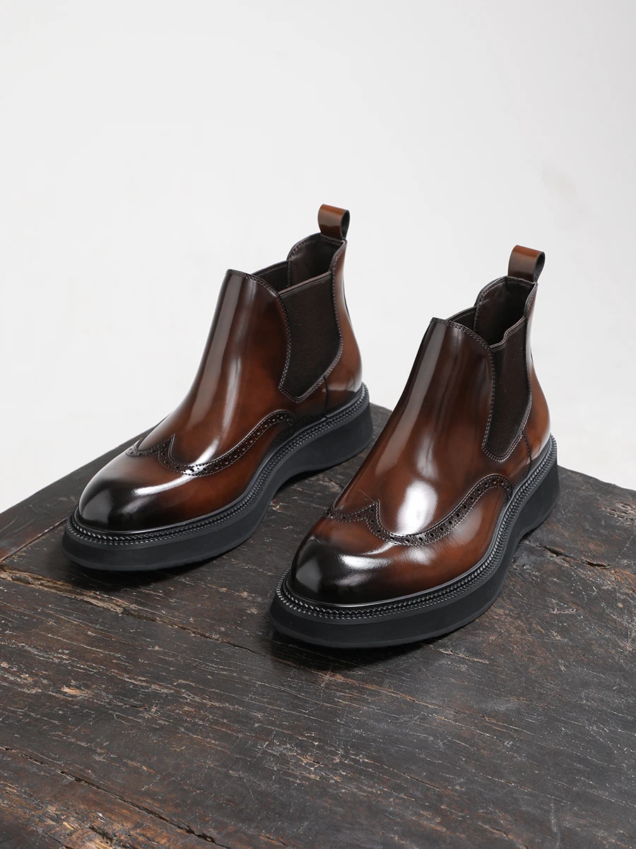 Autumn and Winter New Men's Chelsea Boots, Leather Engraved Mid-top Short Boots, Business Fashion Handmade Men's Shoes