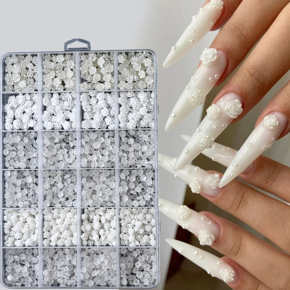 

24 шт. 3D-украшения для ногтей в виде белых роз с жемчугом, цветочные декорации из смолы для DIY маникюра, нейл-арта, свадебного дизайна ногтей