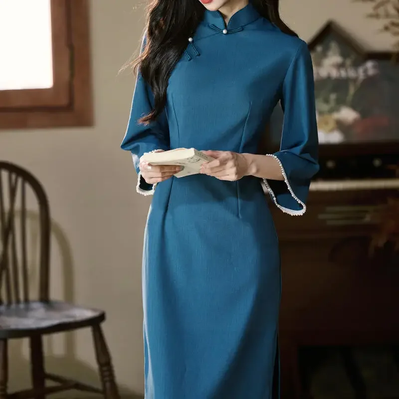 

Синий Chesongam женское элегантное новое платье в китайском стиле длинное платье Ципао женский костюм ханьфу студенческие повседневные платья для девочек Vestidos