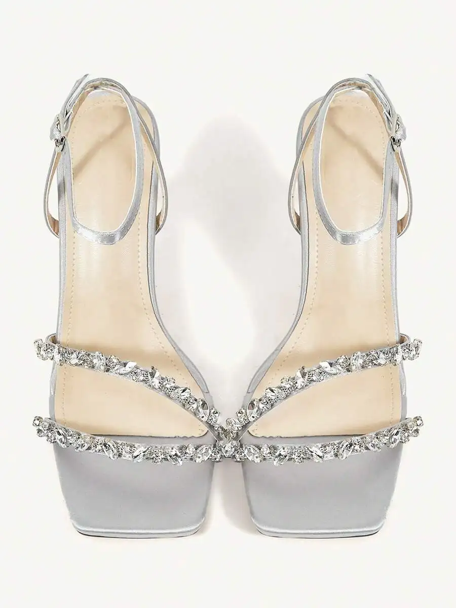 

Womens Silver Rhinestone Square Toe Strappy Mid Heel Sandals For Party Office Wedding