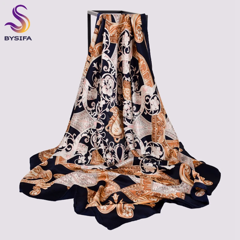 BYSIFA|Winter Ladies\' Scarves Hijabs Elegant Navy Blue Square 100% Silk Neck Scarf Printed Constellation Design Scarves110*110cm