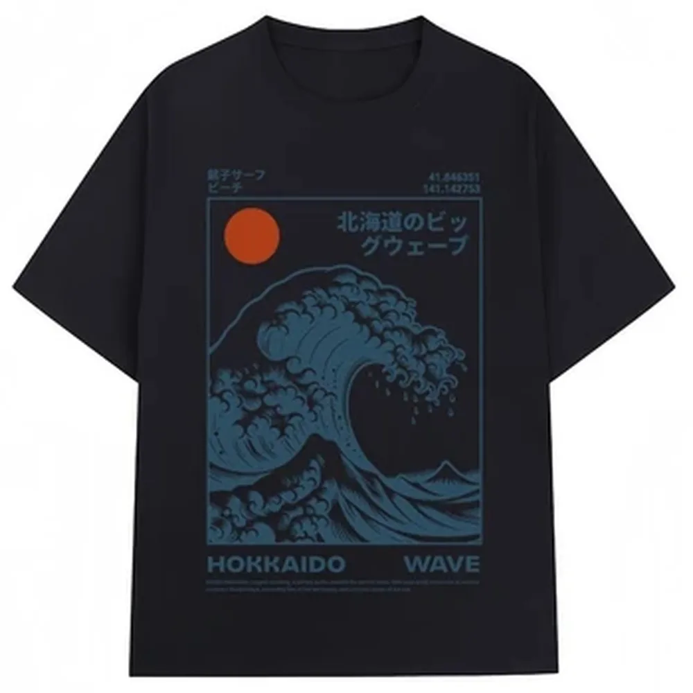 Japanese Style Hokkaido Wave Vintage T-shirt Men Women Harajuku Fashion High Quality T Shirts Oversize d Cotton Summer Tee Shirt