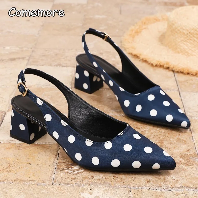 Fashion Polka Dot Pointed Toe Slingback Pumps Mary Jane Shoes Elegant Retro Dress Shoes Comfortable Mid Heel Sandals for Woman - view 4