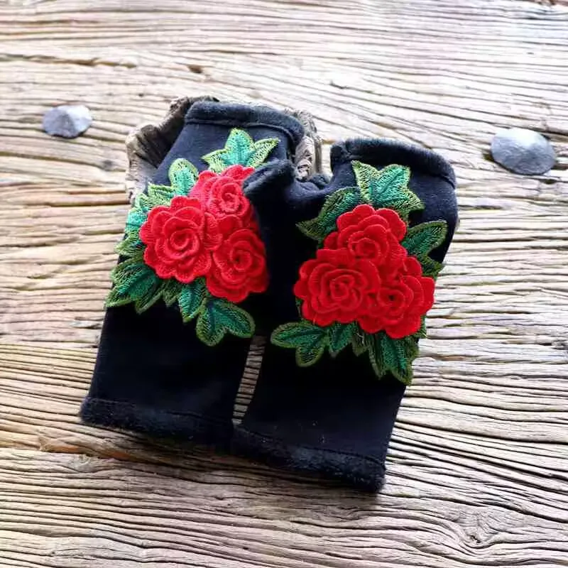 Luxury 3D Flower Embroidered Fingerless Winter Gloves Without Fingers Fashion Hand Half Finger Gloves For Women