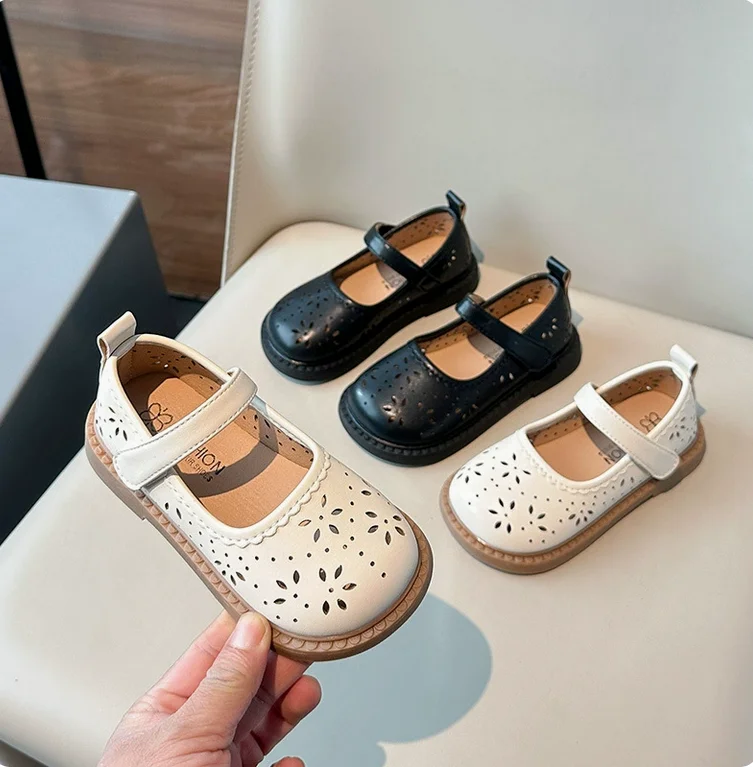 2025 Spring Autumn Children's Leather Shoes Hollow-out Simple Girls Princess Shoes New Fashion Kids Causal Shoes Flats Versatile