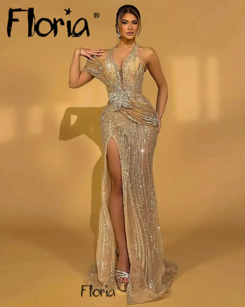 

Floria Luxury Rhinestones High Slit Long Prom Dresses Off the Shoulder Pendants Beaded Mermaid Formal Evening Gowns Customized