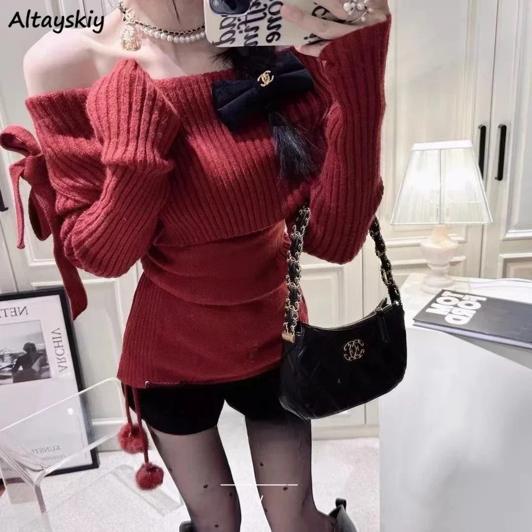 Slash Neck Casual Pullovers Women Streetwear Temper Pure Color Slim Bow Knitted Sweater Attractive Korean Style Classic Slit