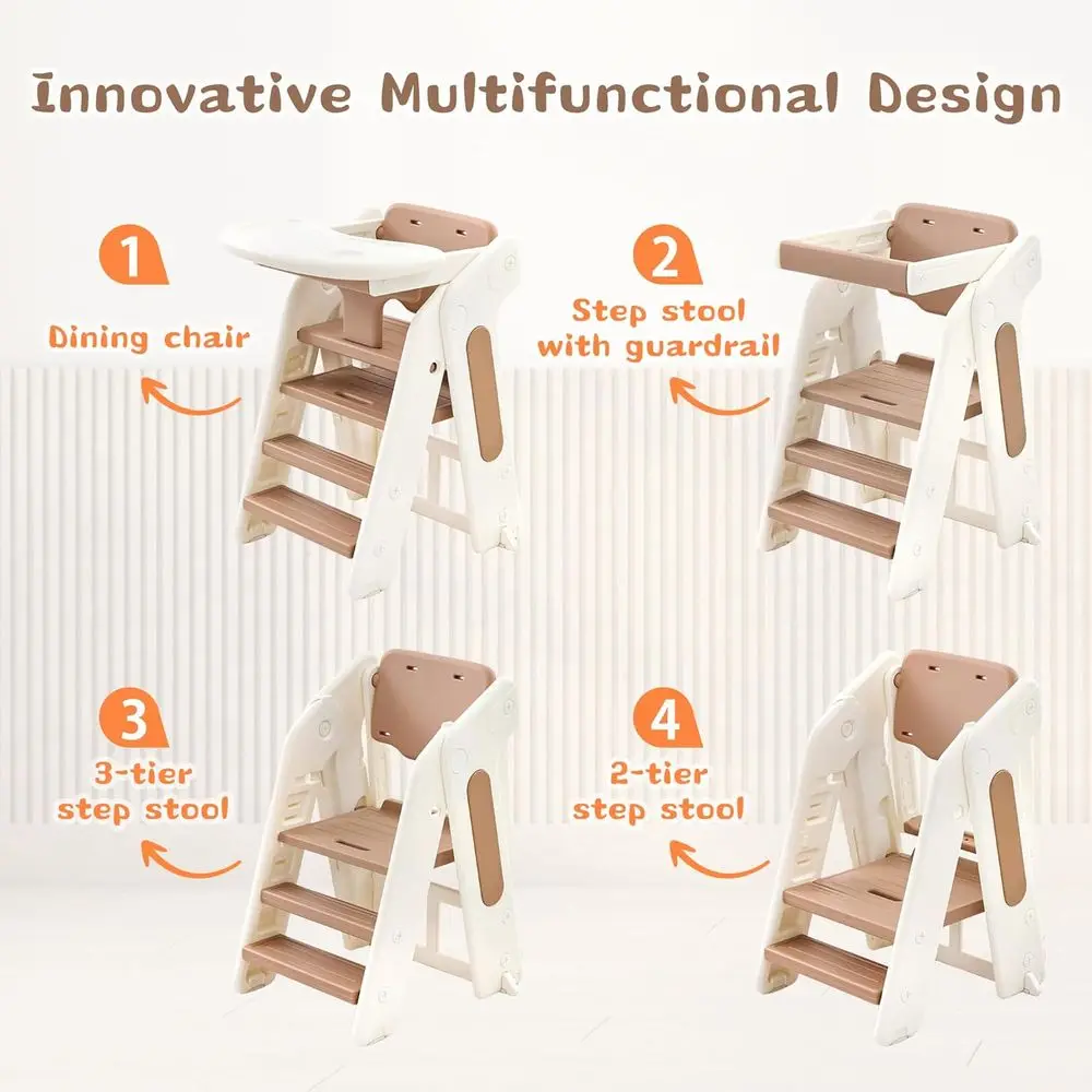 Adjustable Height Toddler Step Stool with Safety Rail and Removable Tray, Multifunctional Folding Kitchen & Bathroom Helper (Kha