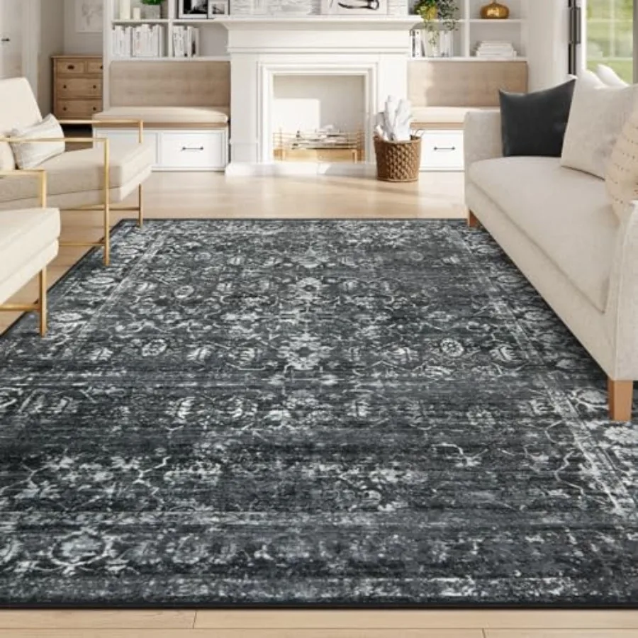 

Living room washable 8x10 area rug, vintage distressed black/grey polyester rug with soft non-slip backing for bedroom, dining