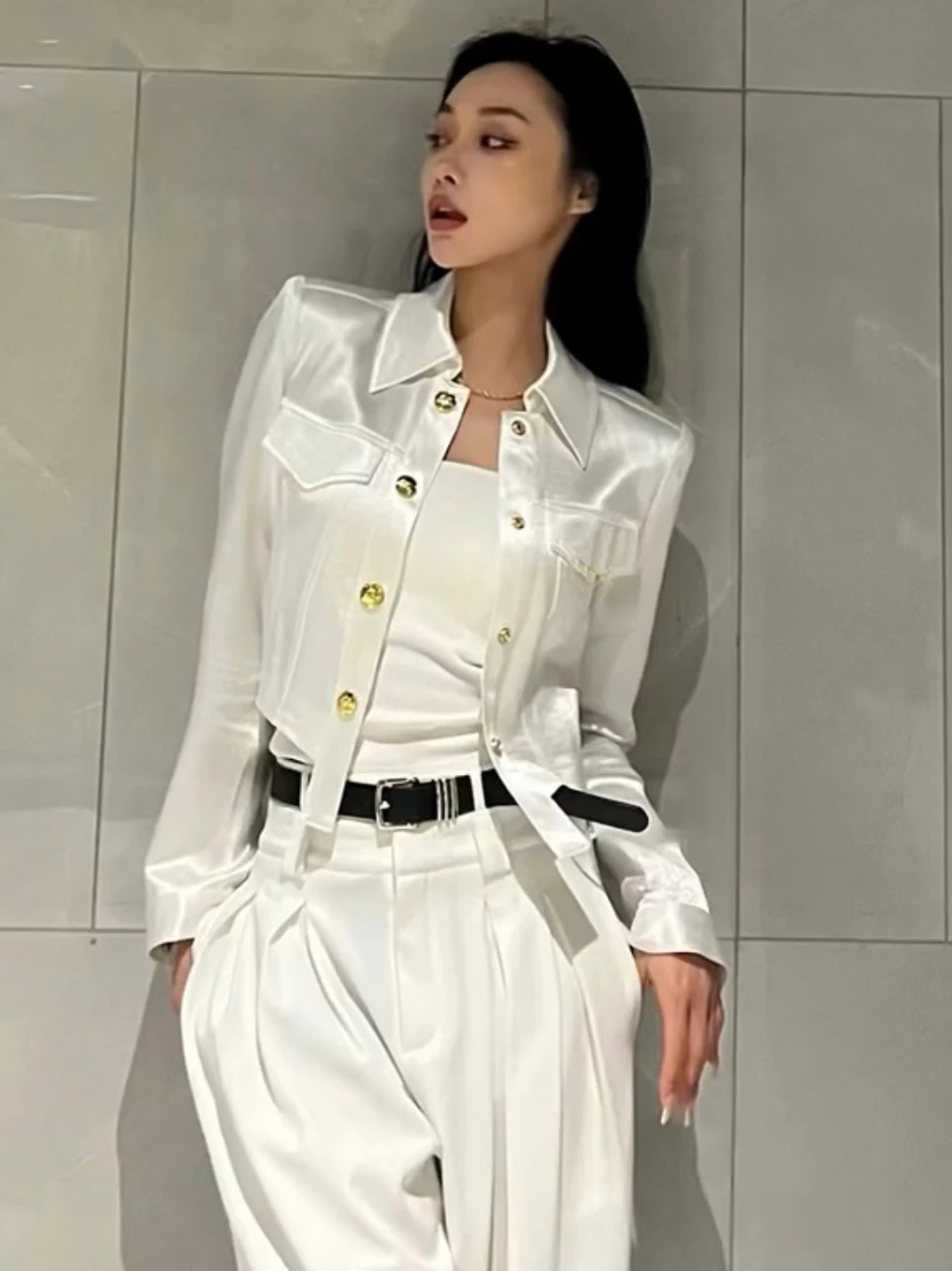 Female Black Sun Protection Clothing Coats White All-matched Jacket Korean Women Metal Buckle Irregular Satin Jackets Crop Tops