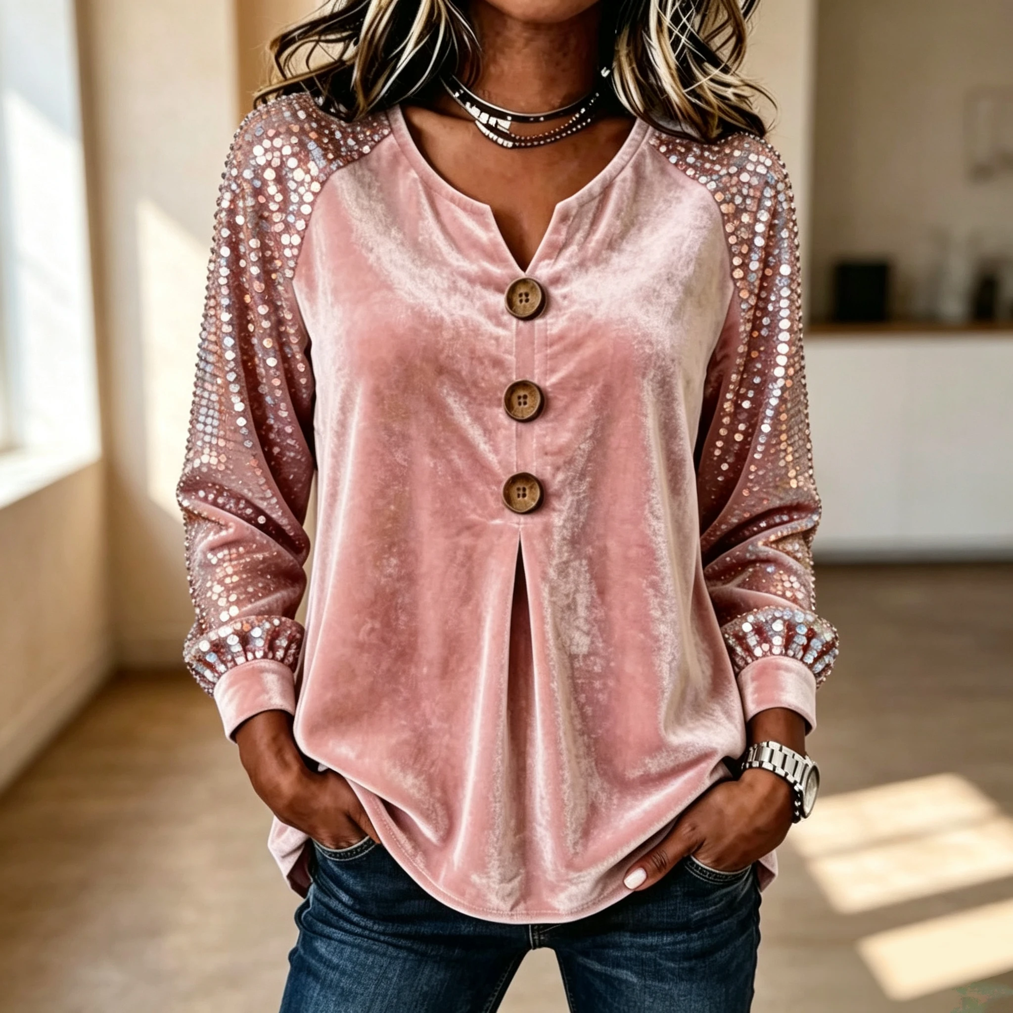 เสื้อเบลาส์แขนยาวผ้ากำมะหยี่สำ - Blouses บทวิจารณ์และราคา