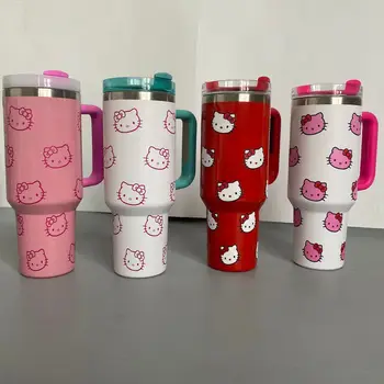 Miniso Sanrio HelloKitty 40 Oz Paslanmaz Çelik Yalıtımlı kulplu kupa Saman Kupalar Büyük Kapasiteli Termos İçecekler Kola Kahve Kupa