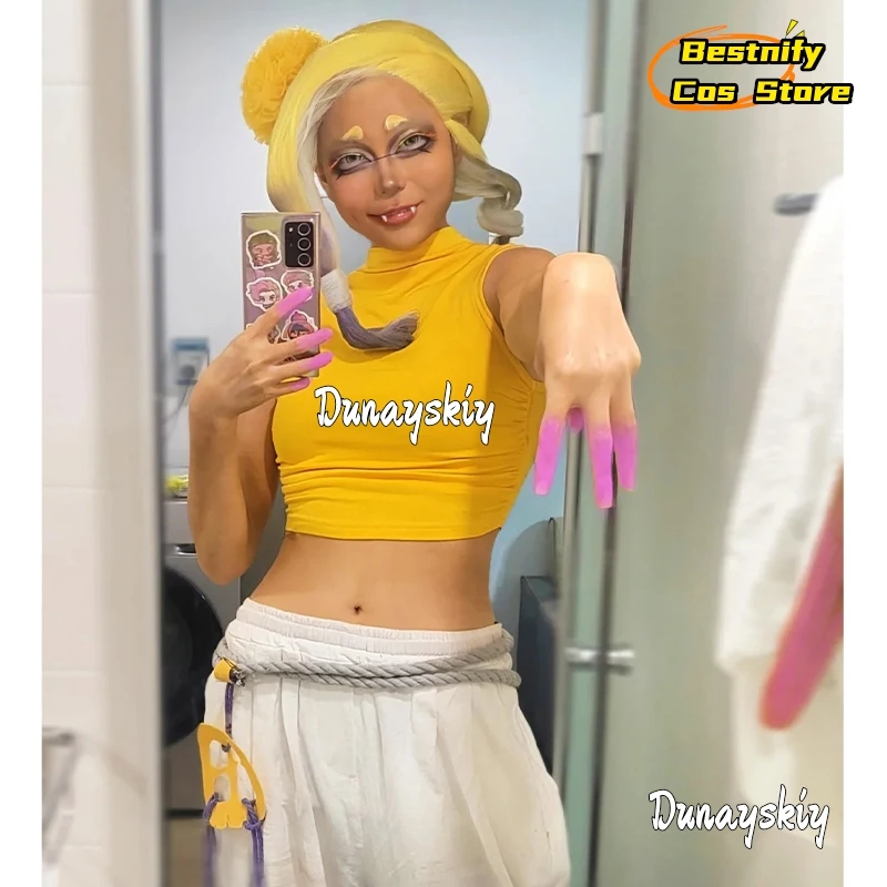 

Bestnify Cos*/Anime Game Deep Cut Cosplay Frye Costume Yellow Fashion Exposed Waist Sleeveless Vest Punk Hollowed Out Pants