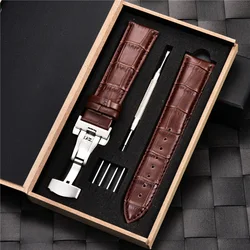 Embossed Genuine Leather Watchbands with Box Stainless Steel Buckle Straps 17/18/19/20/21/22/23/24mm Business Watch Strap