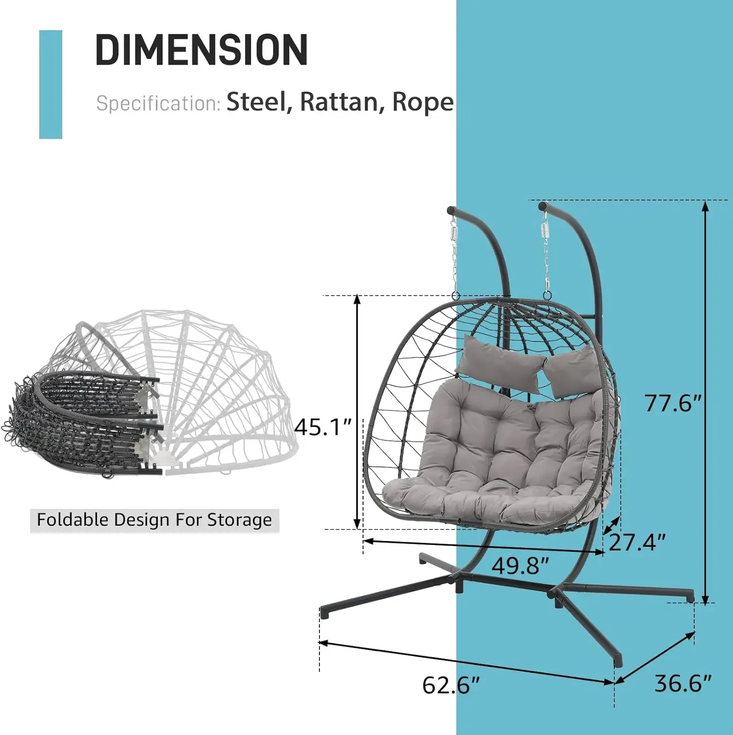 Patiorama 2 Person Double Egg Swing Chair with Stand Indoor Outdoor, Patio Wicker Rattan Hanging Egg Chair w/Cushion, Pillow