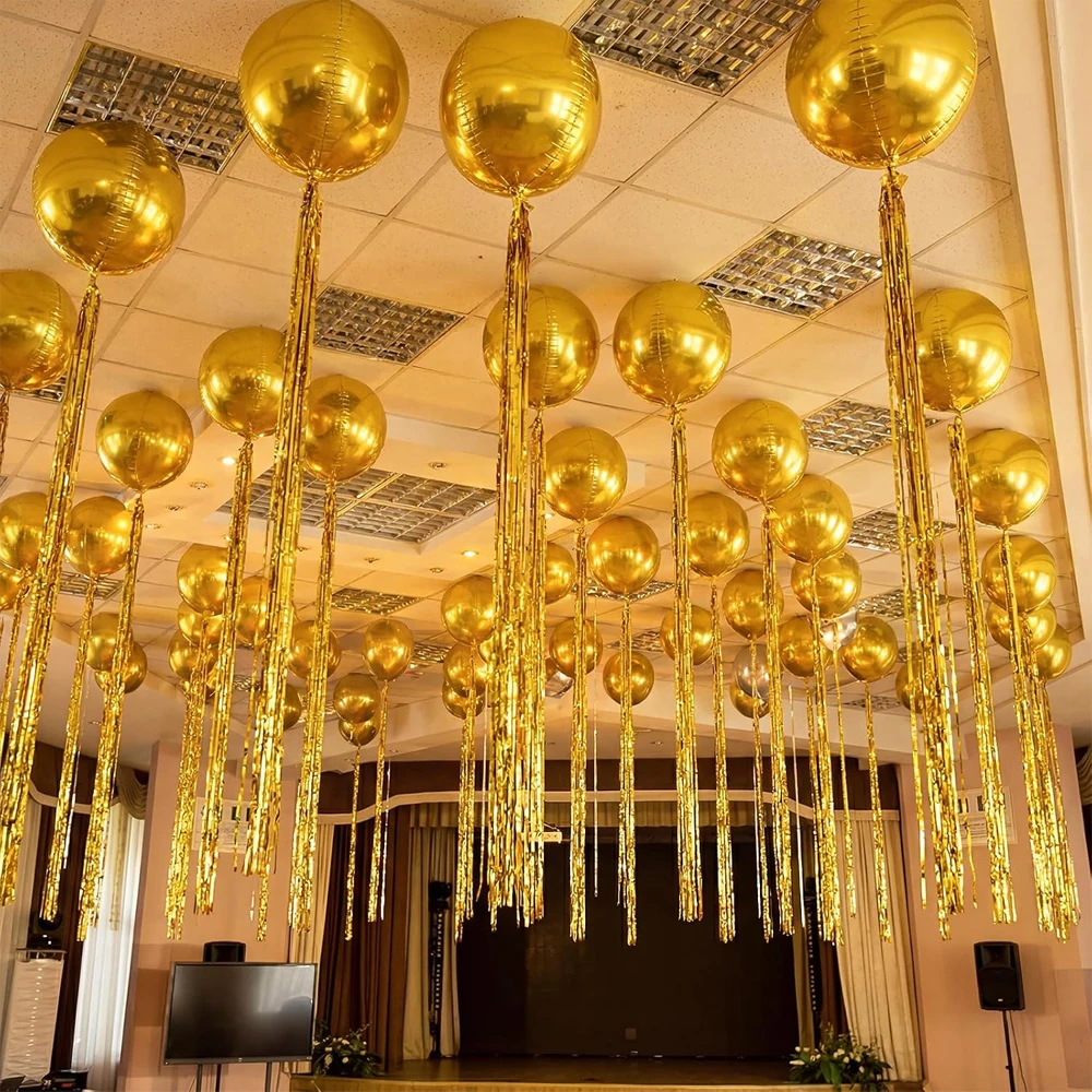 10 Stück Metallische Goldfolien-Ballons mit Quastenenden 22 Zoll 4D Runde Ballons Lametta-Folien-Fransenvorhang für Hochzeit Geburtstag Dekoration – Detail 4