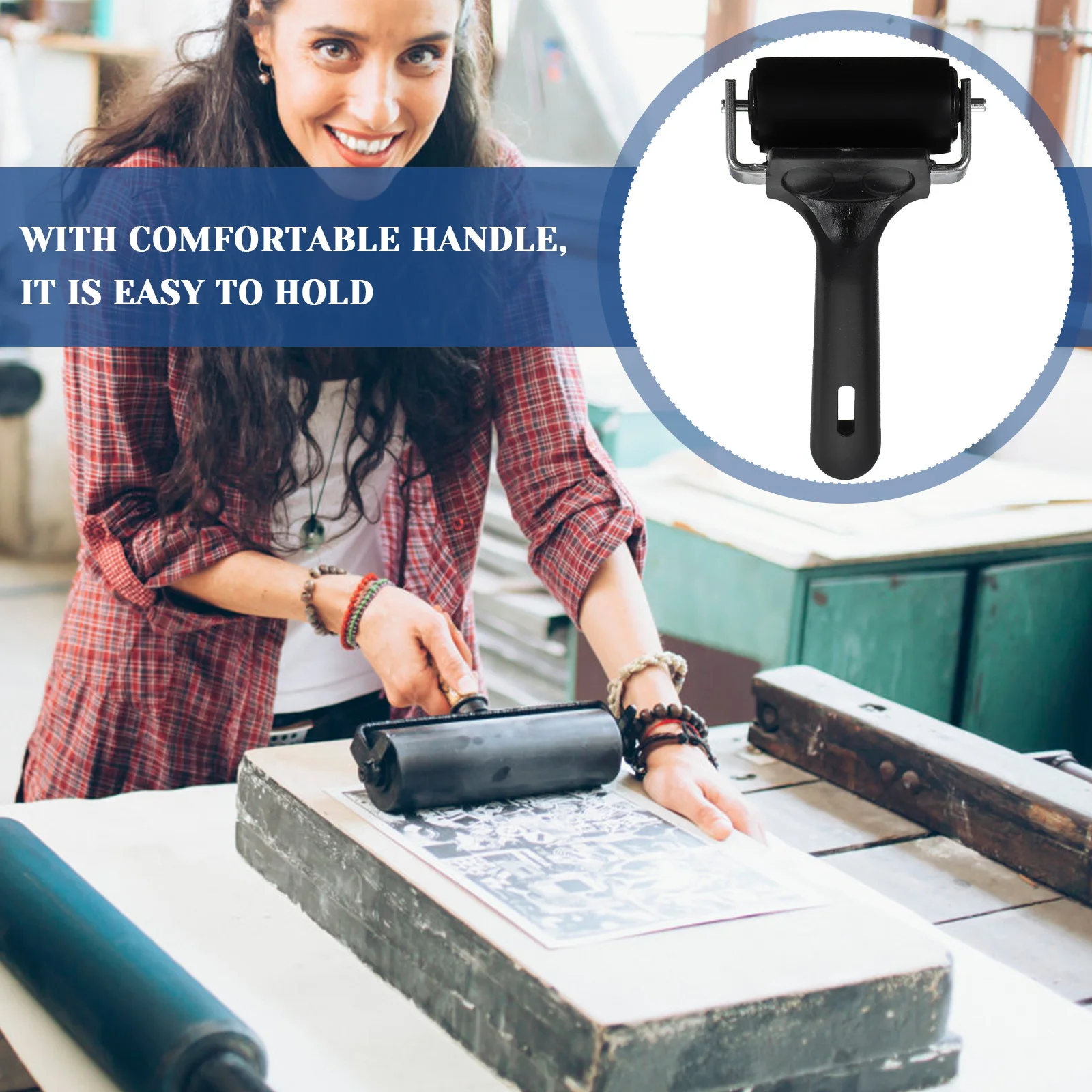 

Durable Black Rubber Roller Heavy Duty Metal Frame Easy Use Ink Glue Even Distribution Stamping Tools Rubber Roller