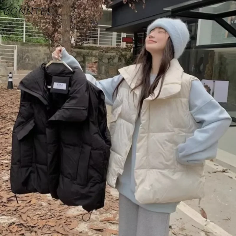 

Vest Women Korean Style Simple Solid Stand Collar Warm Windproof Autumn Winter College High Street All-match Outwear Cool Ins
