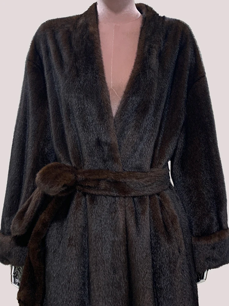 Mauroicardi Spring Winter Elegant Luxury Long Thick Warm Fluffy Soft Brown Faux Mink Fur Coat Women with Deep V Neck Sashes 2025