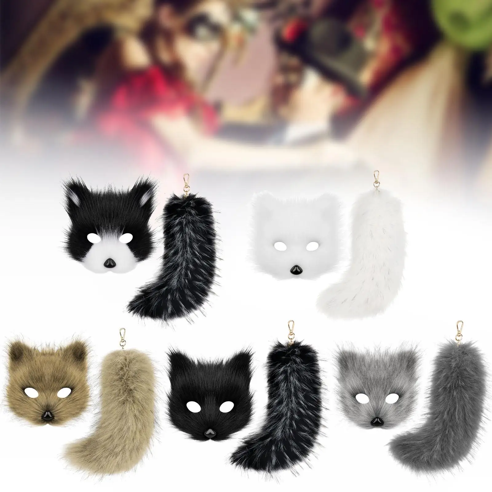 Therian Mask and Tail Plush Tail Keychain Halloween Costume Accessories for