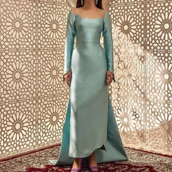 Square Neck Dubai Evening Caftan Dress Straight Long Sleeves Satin Tea Length Pleats Panel Train Zipper Back Quinceanera Gowns