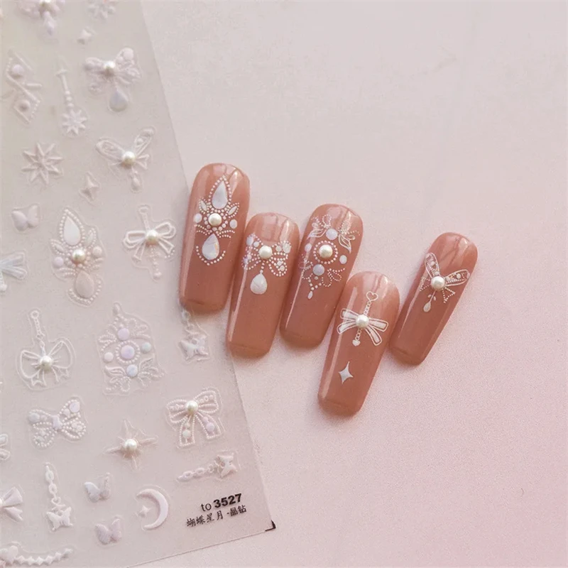 Glossy Pearl Gem Laser White Butterfly Moon Stars Bead Pendant Nail Stickers Design Decoration Decals DIY Manicure High Quality