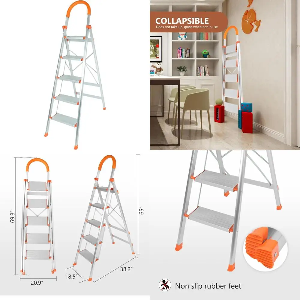 سلم محمول قابل للطي من 5 خطوات من الألومنيوم مع درابزين مطاطي غير قابل للانزلاق، مثالي للاستخدام المنزلي والتطبيقات متعددة الأغراض