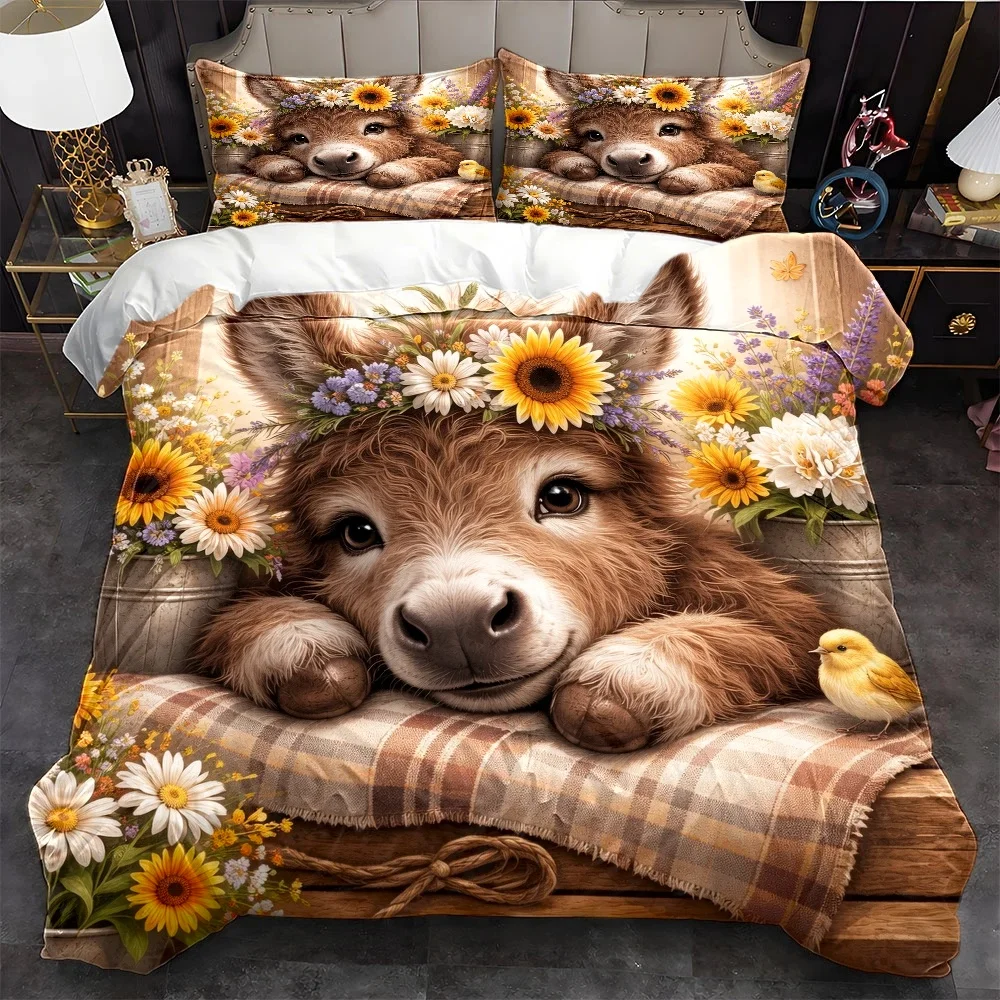 3Pc Pastoral Style Cute Little Donkey Floral Duvet Cover Set, Bedding Three-Piece Set (1*Duvet Cover + 2*Pillowcases), Suitable for All Seasons, Machine Washable, Invisible Zipper Design, Suitable for Home, Dormitory, Master Bedroom, Guest Room, Large Double Bed Cover Bedding Set, Fresh Floral Animal Pattern, Soft and Skin-Friendly for Comfortable Sleep, Three-Piece Bedding Set, Pastoral Style Little Donkey Floral Duvet Cover Set 2D Flat Print