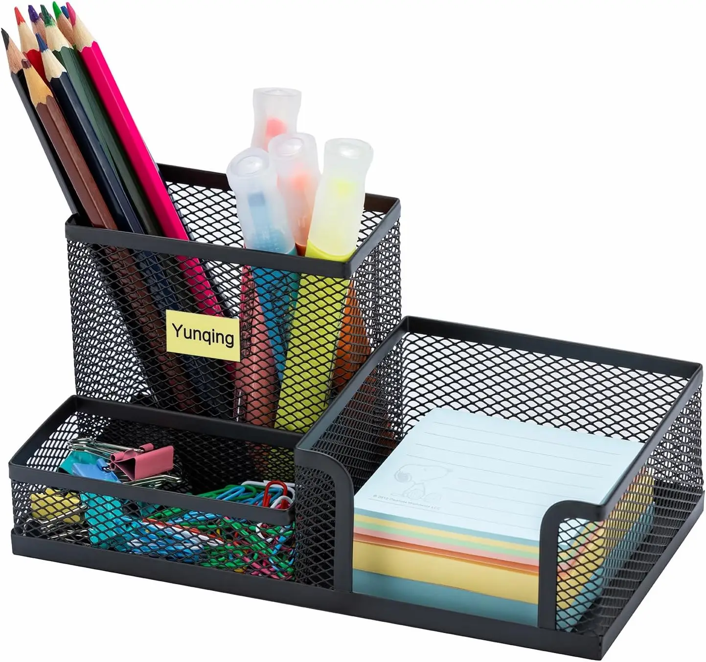 Mesh Pen Holder Desk Organizer with Sticky Notes Holder, 3 Compartments, Non-Slip Bottom for Home Office School