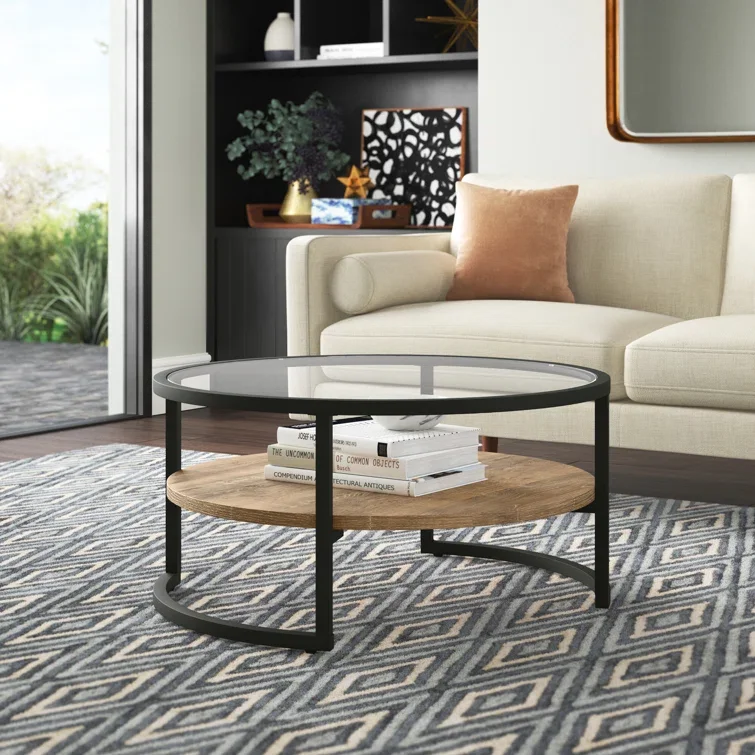 Round Coffee Table in Blackened Bronze/Limed Oak with Storage Glass Top Lower for Living Room Side Table