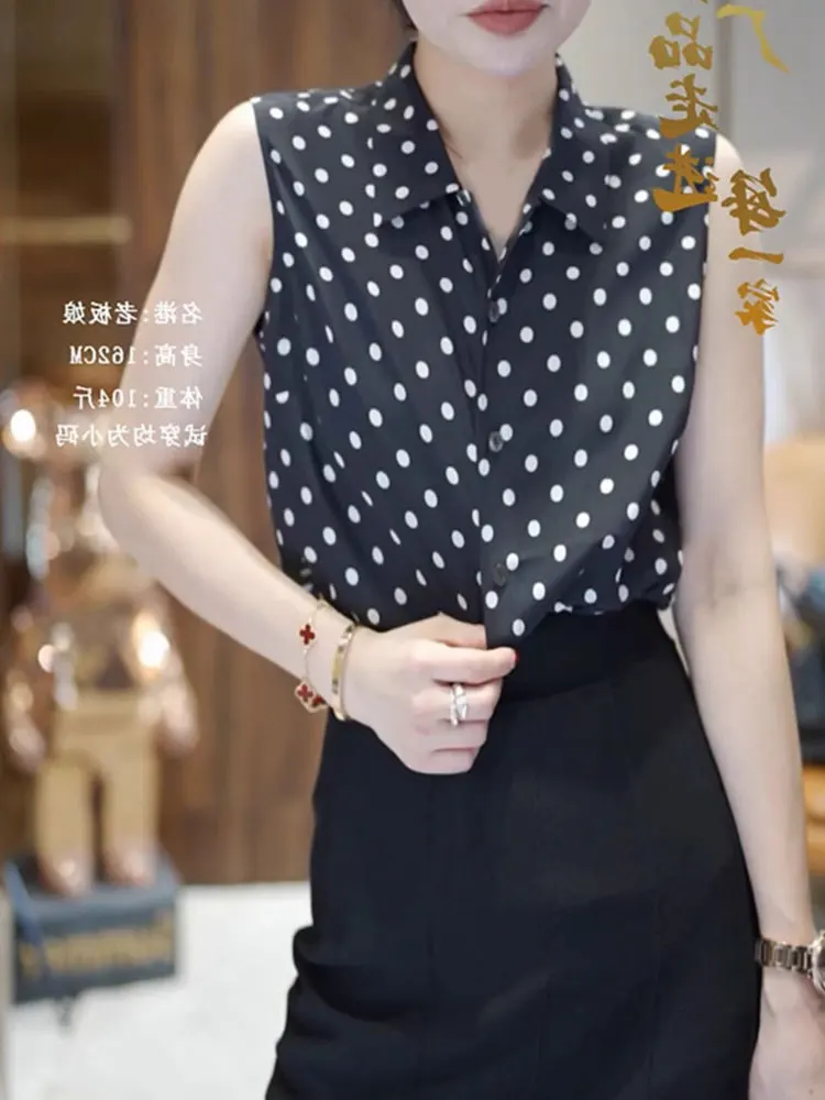Polka Dot Design Single Button Svel irt 2025 Summer Faion Top Slimming Korean Sle Straight Cut Silk Vest