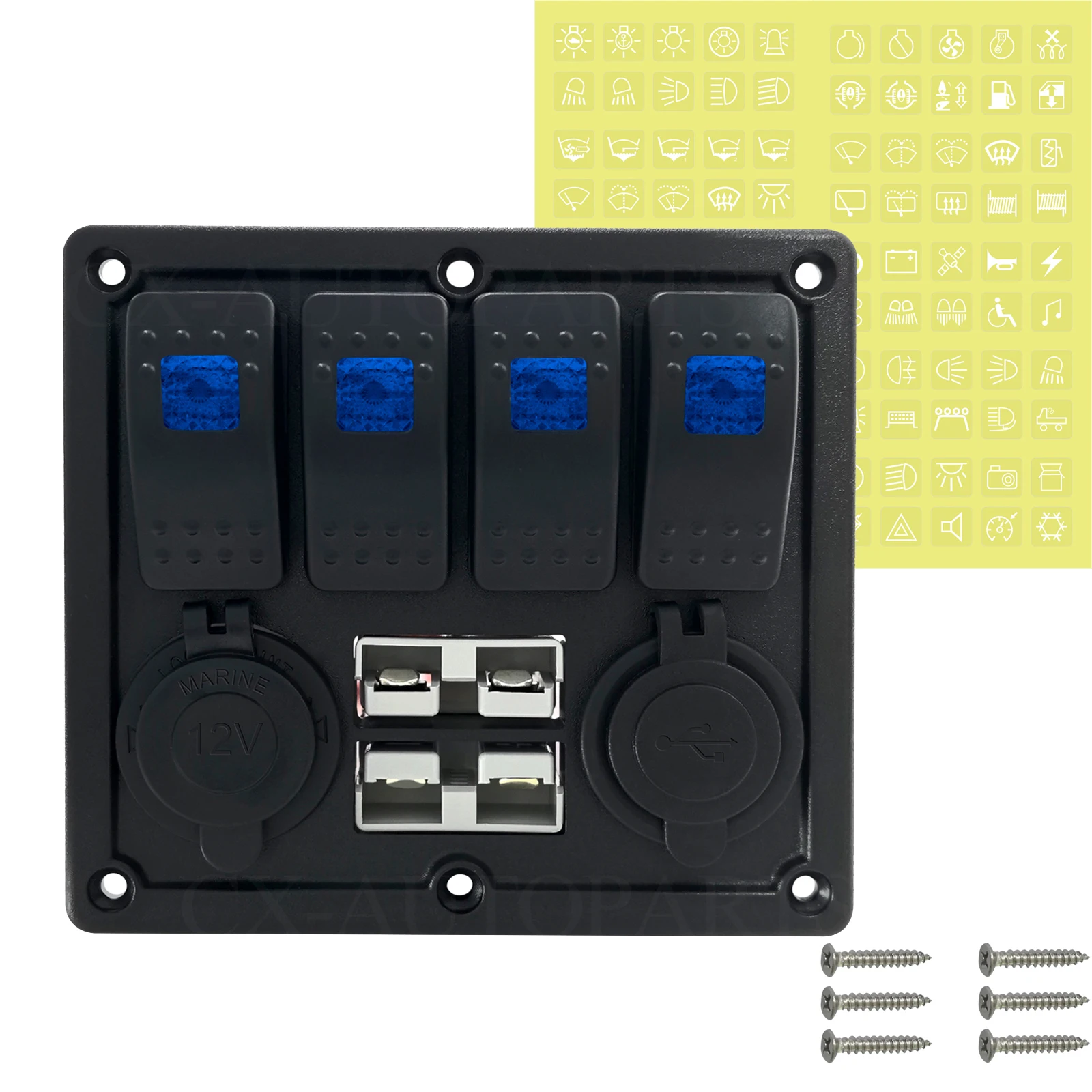 

4-позиционная панель переключателей для морской лодки и грузовика с вилками Anderson 50 А, аксессуарная розетка, зарядное устройство с двумя USB-портами, водонепроницаемая панель переключателей