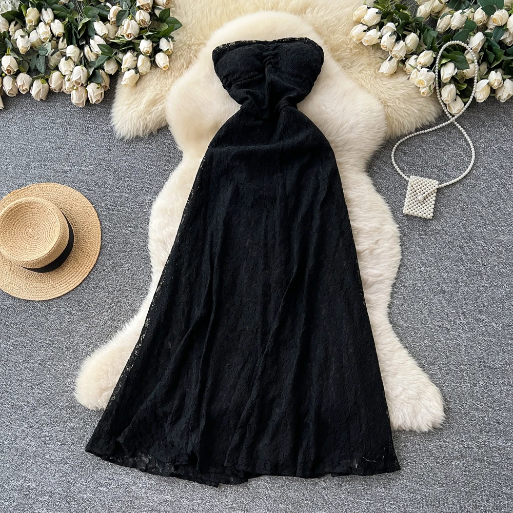 فستان أنيق عتيق من الدانتيل بدون ظهر مكشكش أنيق ملابس نسائية كورية خرافية