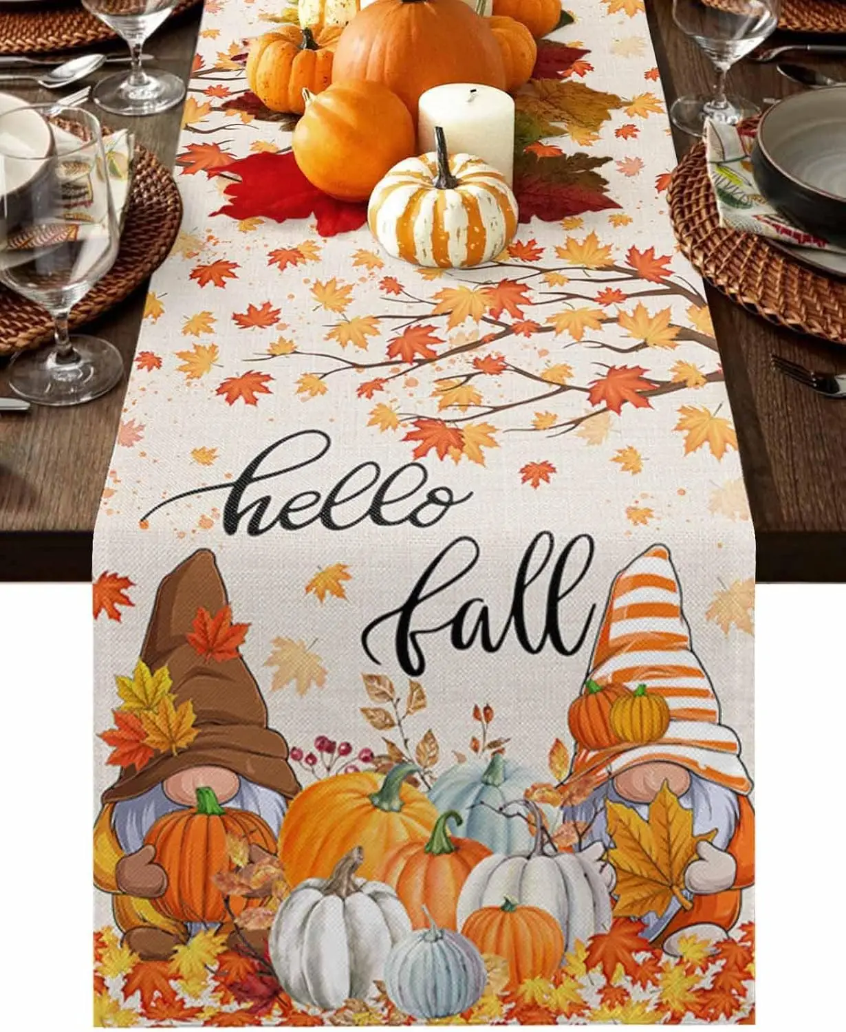 Autumn Gnome Pumpkin Thanksgiving Linen Table Runner Hello Fall Maple Leaf Table Runner Holiday Party Kitchen Dining Table Decor