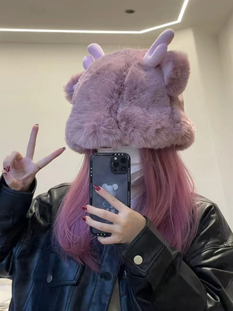 

New streetwear dragon horn imitation rabbit fur ladies girls autumn winter cute fawn ears hat