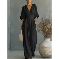 2026 Spring Summer Elegant V Neck Waist Tie Jumpsuit Women‘s Casual Long Romper  Perfect for Office Beach Vacation - Image 5