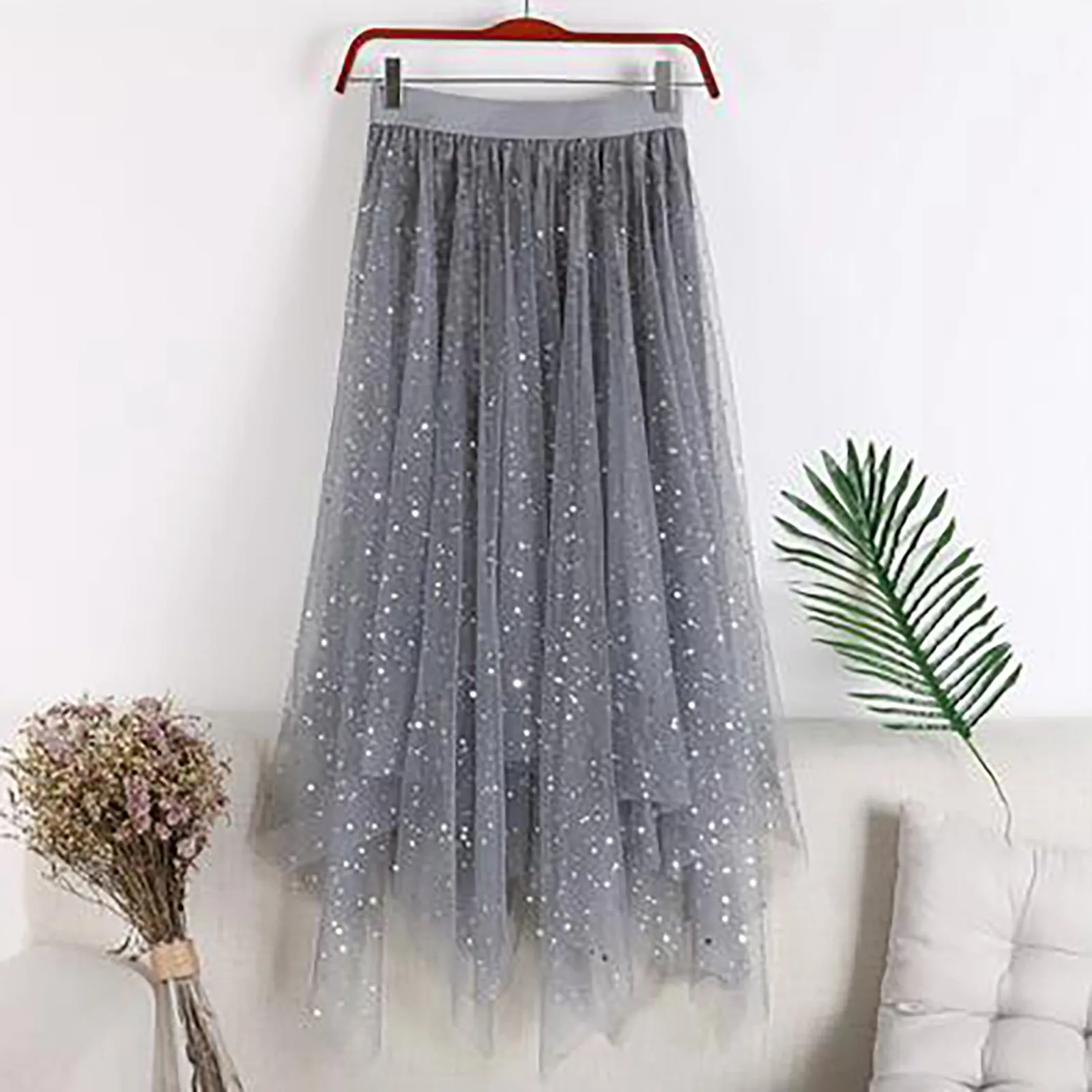 Fashion Elegant Pink Sequin Patchwork Flowy Mesh Long Skirts for Women Solid Color Elastic High Waist Sweet Princess Skirts