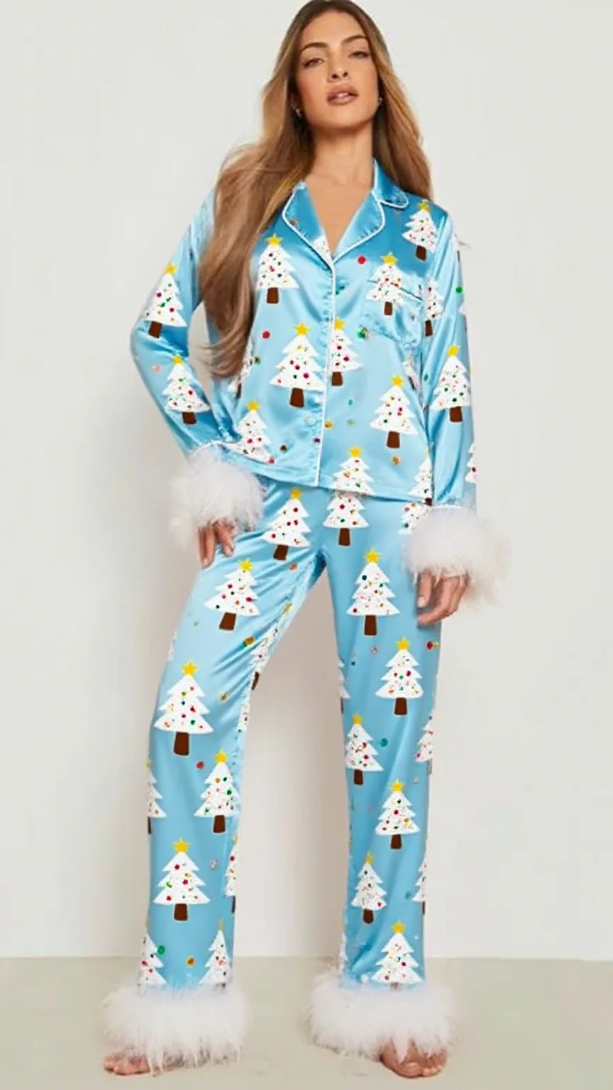 طقم بيجامة عيد الميلاد الفاخر مع ريشة عادية كم طويل زر حتى طية صدر السترة طوق بلوزات وسراويل تناسب ملابس النوم النسائية المطبوعة