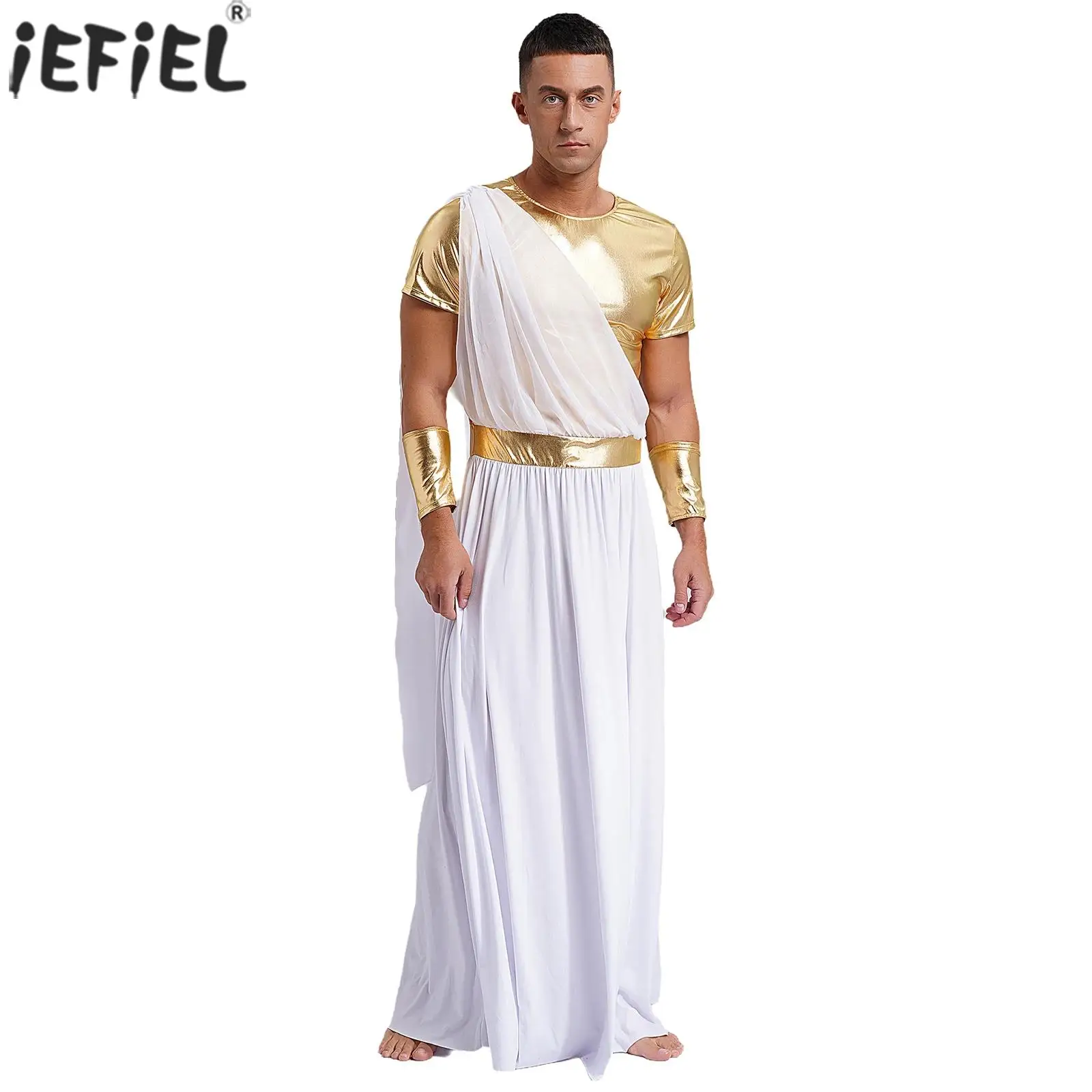 

Mens Ancient Greek Toga with Gloves Short Sleeve Metallic Patchwork Robe with Wristband Tunic Cosplay Roman Halloween Costumes