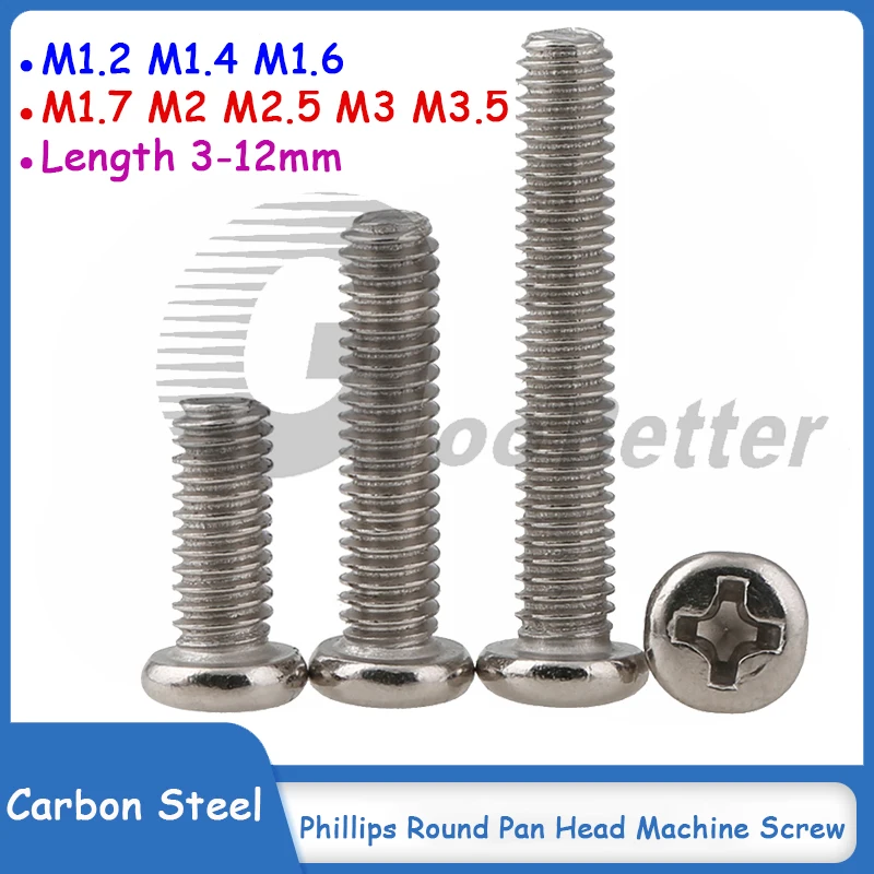 Nickel Plated Phillips Round Head Screw Cross Pan Head Machine Screw Bolts M1.2 M1.4 M1.6 M1.7 M2 M2.5 M3 M3.5*L=3-12mm