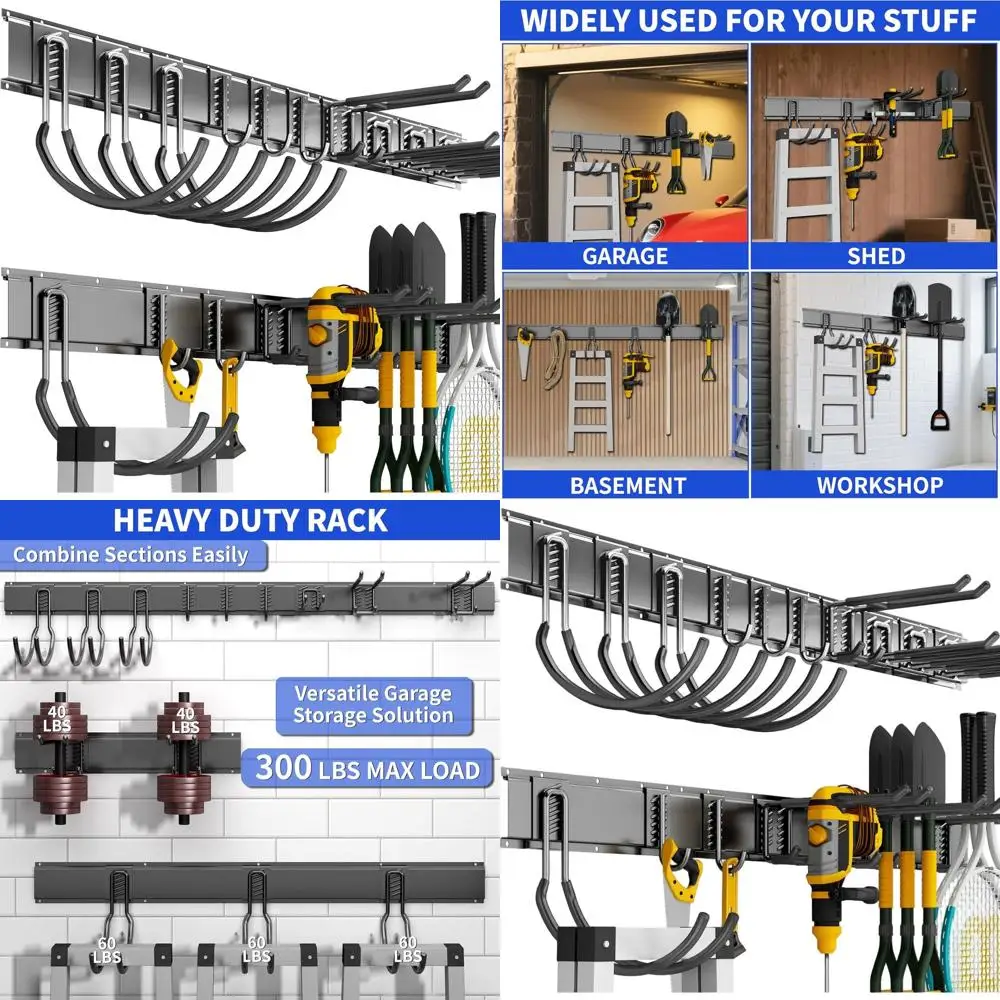 

64-Inch Sturdy Wall-Mounted Garden Tool Organizer with 10 Adjustable Hooks for Garage, Shed, and Workshop (Black)
